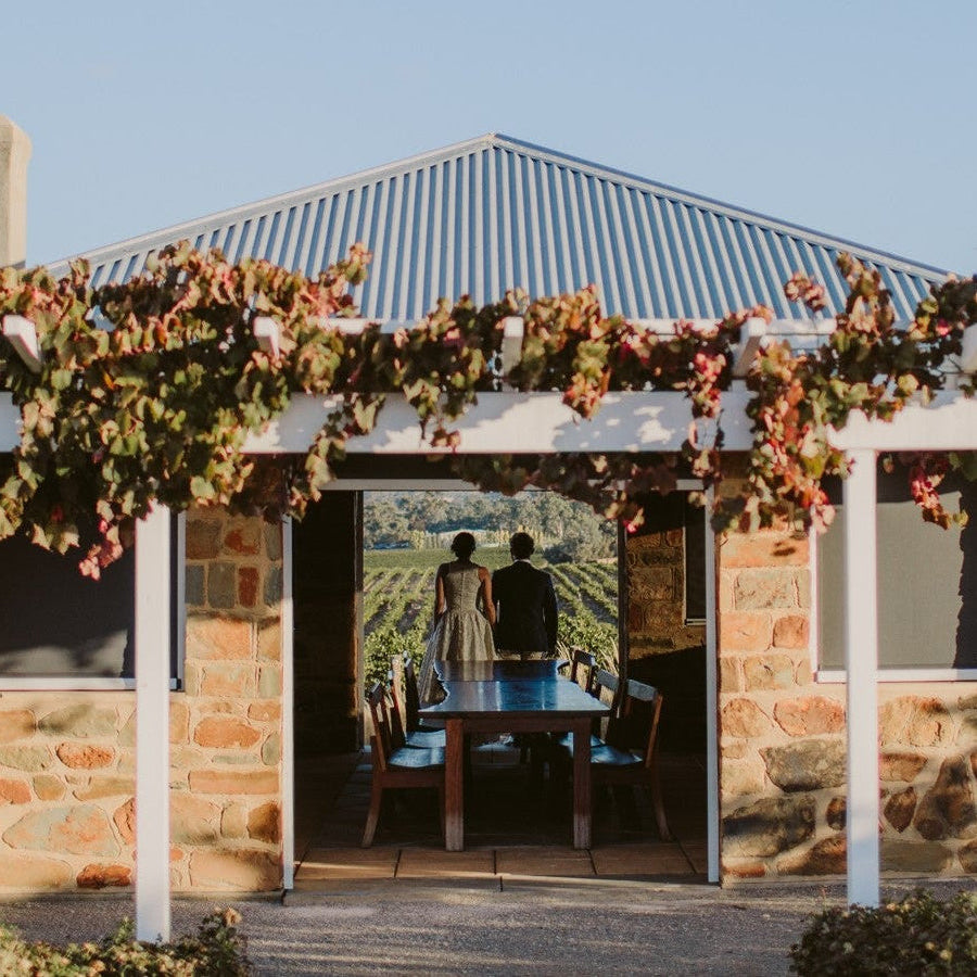 A stone and metal gazebo structure with a metal roof, covered with grapevine arches and fruit, set in a vineyard under a clear blue sky.